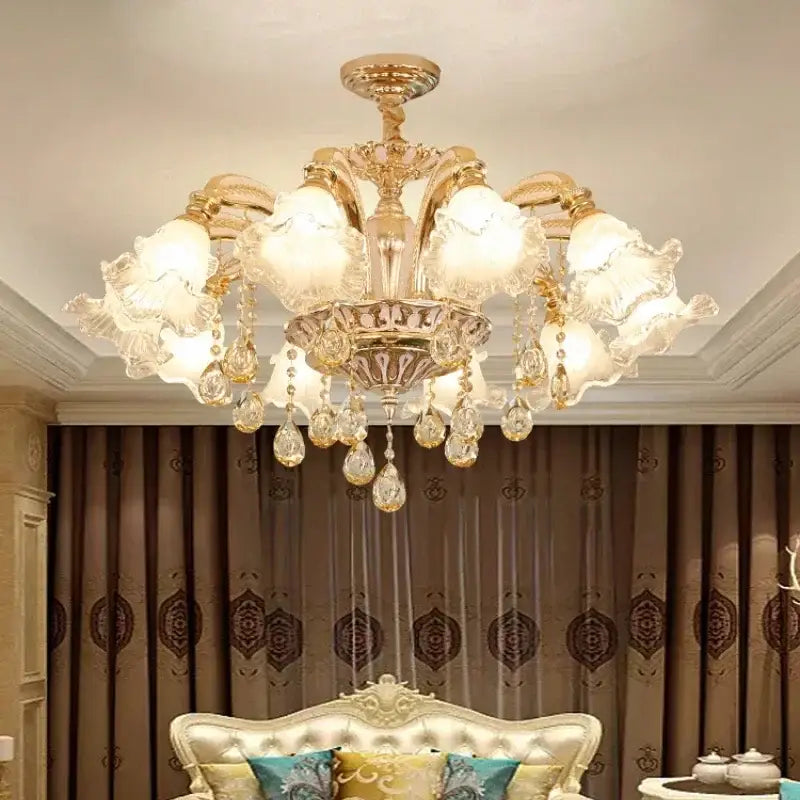 Modern luxury gold crystal ceiling chandelier with ornate crystal droplets and frosted glass lampshades for decorbites crystal ceiling decor