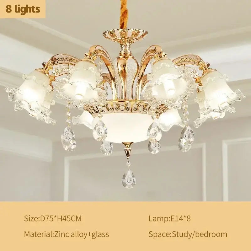 Modern luxury gold decorbites crystal ceiling chandelier with eight frosted glass lampshades and crystal pendants