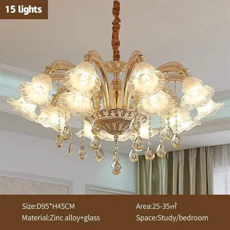 Modern luxury gold crystal ceiling chandelier with 15 frosted flower shades and crystal teardrop pendants decorbites crystal ceiling