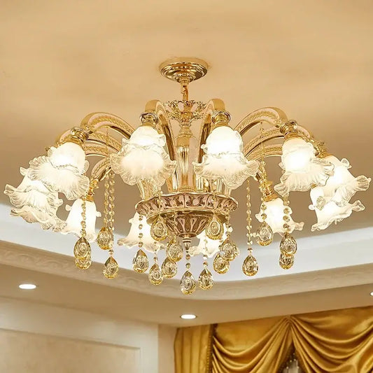 Modern luxury gold crystal ceiling chandelier with ornate crystal droplets and frosted flower-shaped shades for living room decorbites crystal ceiling