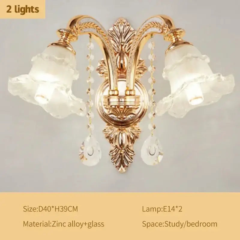 Gold-toned ornate wall sconce with two frosted glass lampshades and crystal beads for modern luxury decorbites crystal ceiling use
