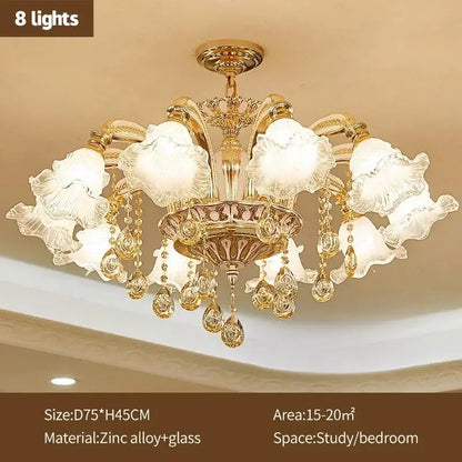 Modern luxury gold crystal ceiling chandelier with eight frosted glass flower shades and dangling crystal pendants