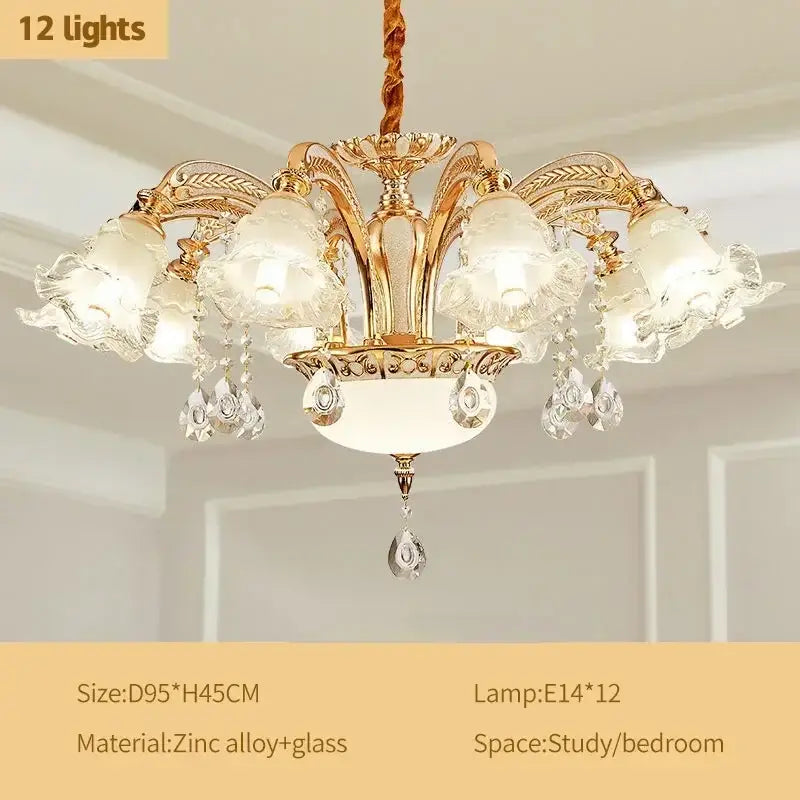 Modern luxury gold crystal ceiling chandelier with twelve frosted glass lampshades and dangling crystal droplets for decorbites crystal ceiling decor