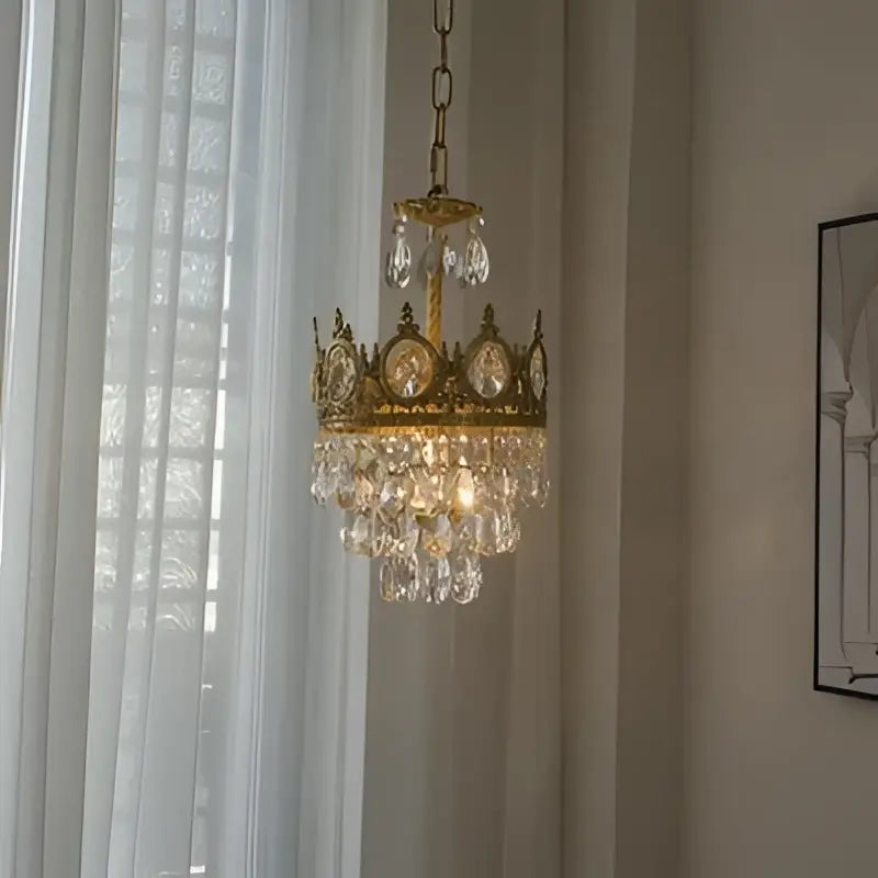Modern luxury gold crystal crown chandelier with dangling crystal droplets for elegant living room decorbites crystal crown