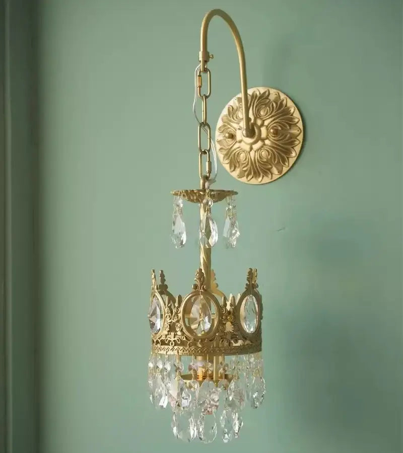 Modern luxury gold crystal crown chandelier wall sconce with clear crystal droplets and ornate decorbites crystal crown design