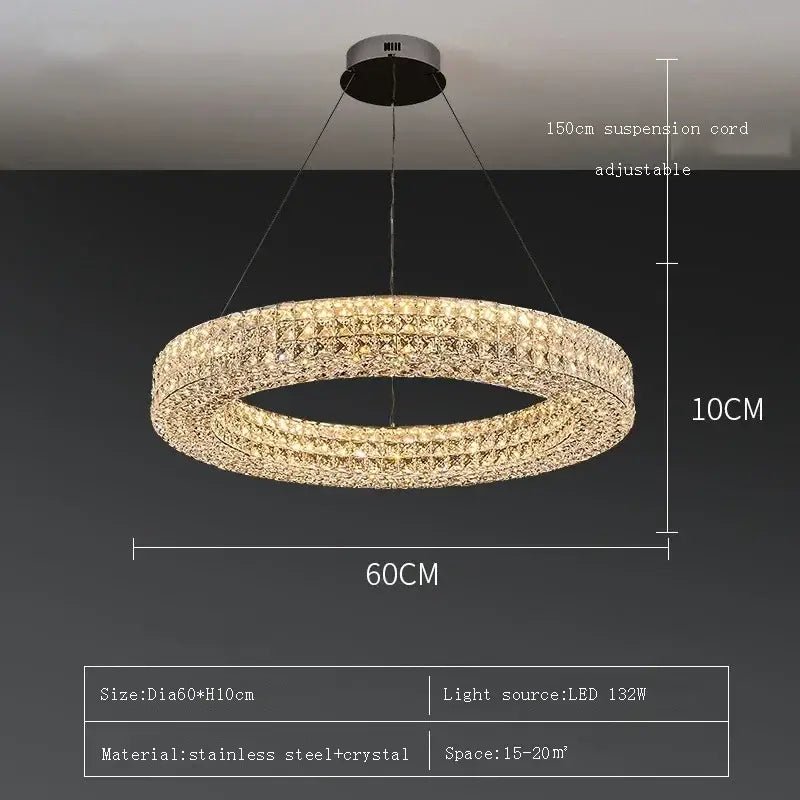 Modern luxury gold crystal led ceiling chandelier with two concentric rings and adjustable stainless steel cord decorbites crystal led
