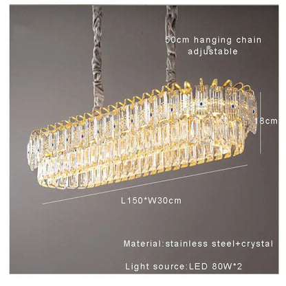 Modern luxury gold double crystal ceiling chandelier with clear faceted crystals and gold-toned metal accents suspended by braided chain