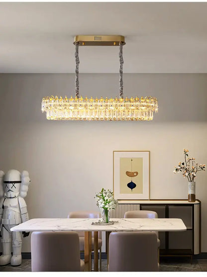 Modern luxury gold double crystal ceiling chandelier with rectangular frame, crystal prisms, and textured rope chains