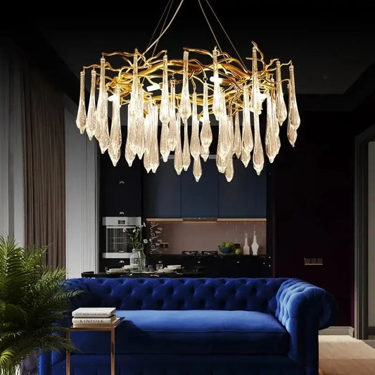 Modern luxury golden crystal water drop led chandelier with glass teardrop pendants for dining room decorbites crystal water