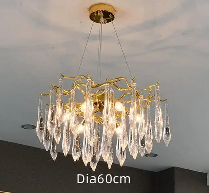 Modern luxury golden crystal water drop led chandelier with gold-toned frame and clear teardrop crystal droplets for dining room decor