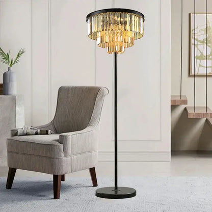 Modern luxury gray crystal black floor lamp with black metal frame and golden crystal prisms for elegant decorbites gray crystal decor