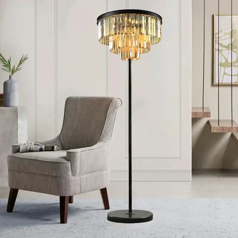 Modern luxury gray crystal black floor lamp with black metal frame and golden crystal prisms for elegant decorbites gray crystal decor