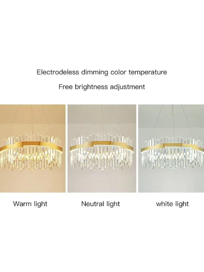 Modern luxury spectrum gold crystal chandelier with gold-toned circular frame and adjustable lighting for dining room