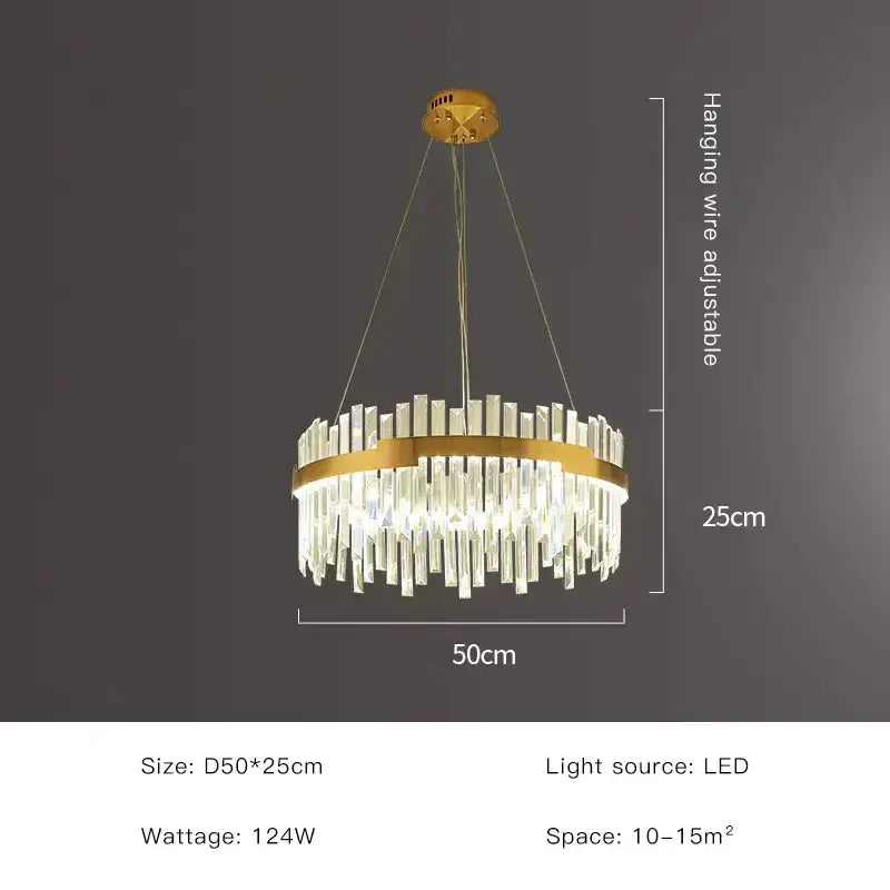 Modern luxury spectrum gold crystal chandelier with gold-toned frame and clear crystal prisms for dining room use