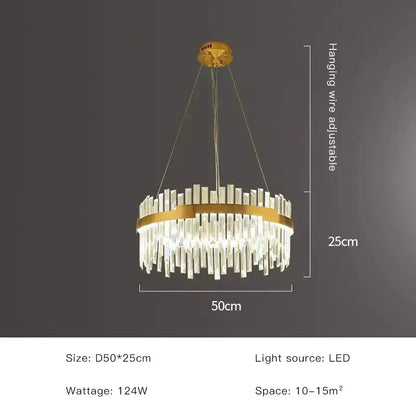 Modern luxury spectrum gold crystal chandelier with gold-toned frame and clear crystal prisms for dining room use