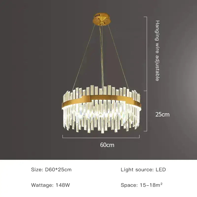 Modern luxury spectrum gold crystal chandelier with gold-toned circular brass ring and clear crystal rods for dining room