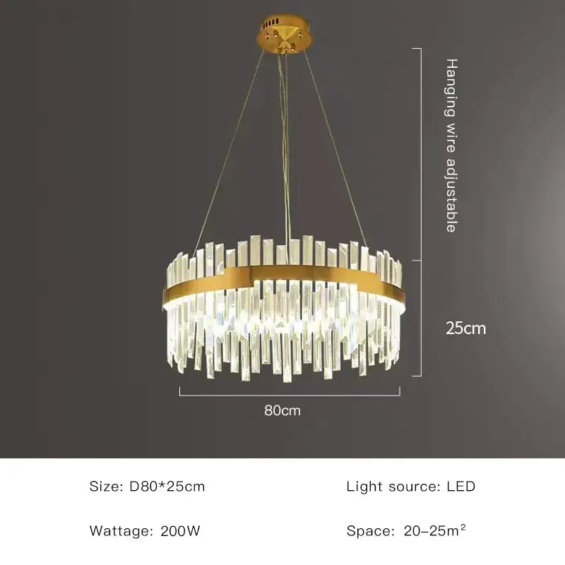Modern luxury spectrum gold crystal chandelier with gold-toned circular frame and clear crystal prisms for dining room
