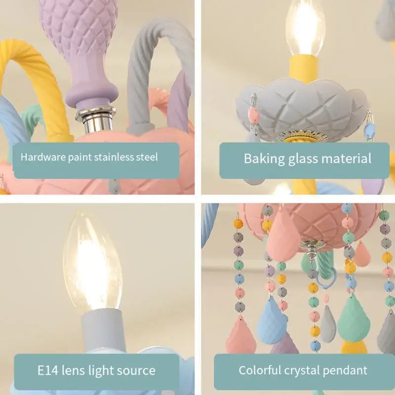 Pastel-colored decorbites crystal chandelier with quilted cloud top and rainbow teardrop pendants for childrens room decor