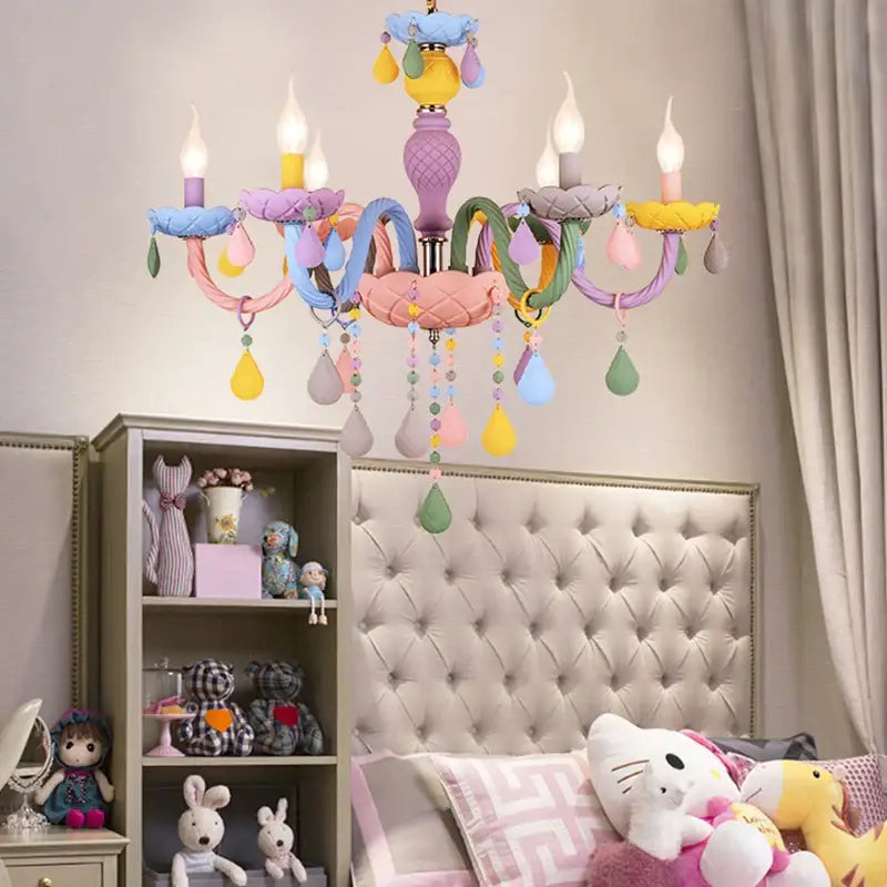 Modern macaron rainbow crystal chandelier with pastel colorful dripping teardrop ornaments for childrens room decorbites crystal chandelier