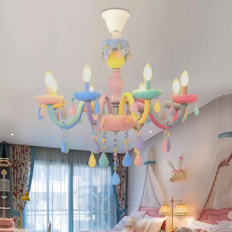 Modern macaron rainbow crystal chandelier with pastel pink column and colorful crystal arms by decorbites crystal chandelier
