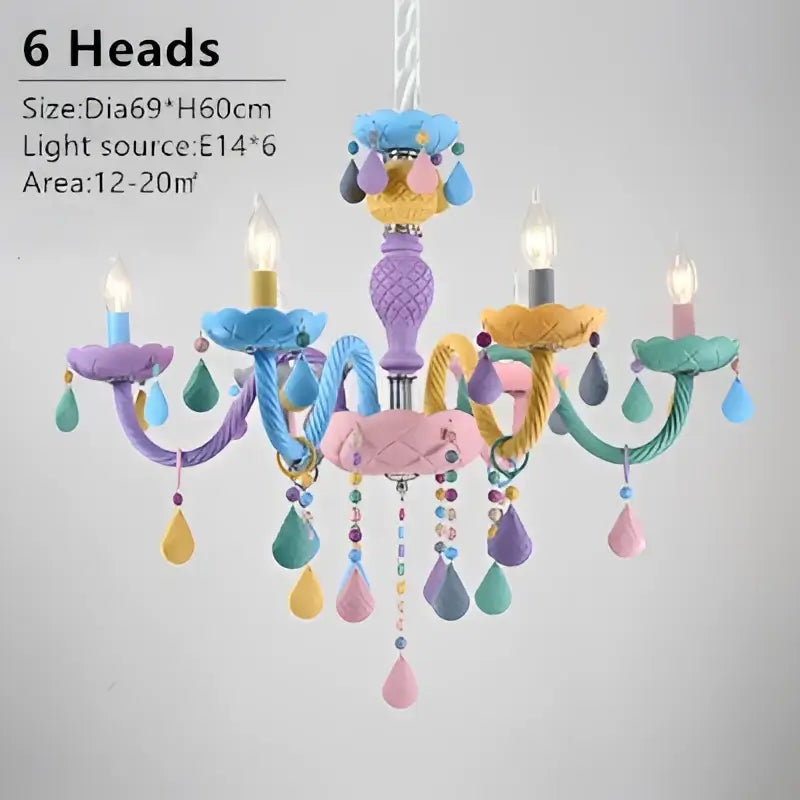Modern macaron pastel decorbites crystal chandelier with six arms and colorful braided cords for childrens room decor
