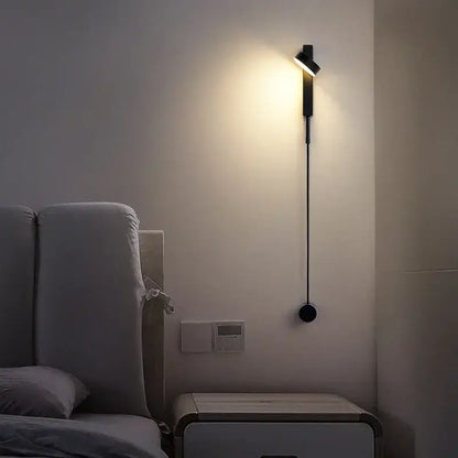 Black minimalist marble and black rotation led wall lamp with sleek elongated design and adjustable light head for bedroom decorbites