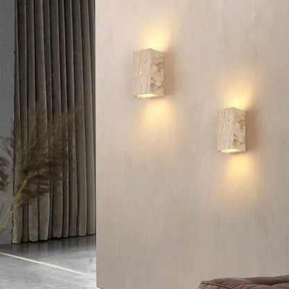 Two elegant rectangular wall lamps in light-colored marble with natural veining from decorbites cuboid stone led set
