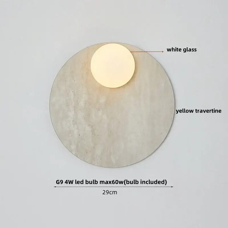 Modern marble glass globe led wall lamp with white glass globe and textured yellow travertine base for bathroom decorbites glass globe