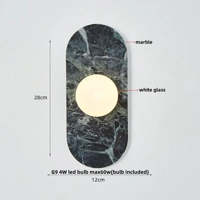 Modern marble glass globe led wall lamp with dark green marble backplate and white glass globe diffuser for bathroom decorbites glass globe