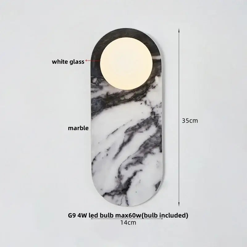 Modern marble glass globe led wall lamp with white marble and black veining and circular glass globe led fixture