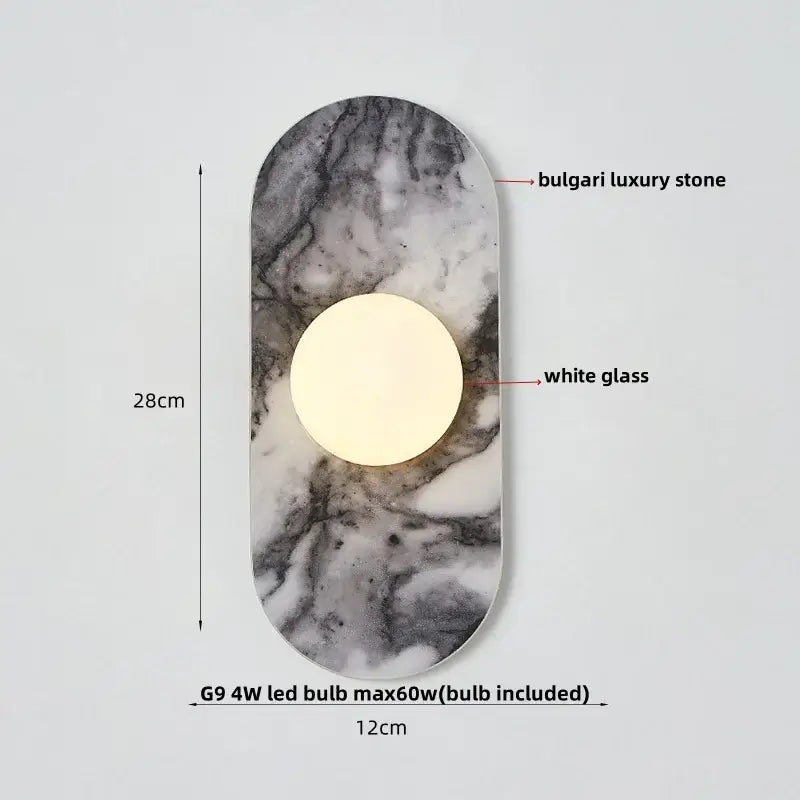 Modern marble glass globe led wall lamp with gray white bulgari stone backplate and decorbites glass globe panel