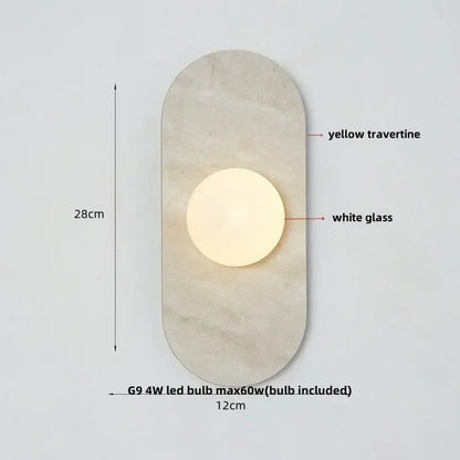 Modern wall lamp with yellow travertine oval backplate and white glass globe led light for decorbites bathroom sconce