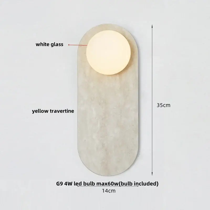 Modern wall lamp with white glass globe led set in yellow travertine stone base for bathroom decorbites glass globe