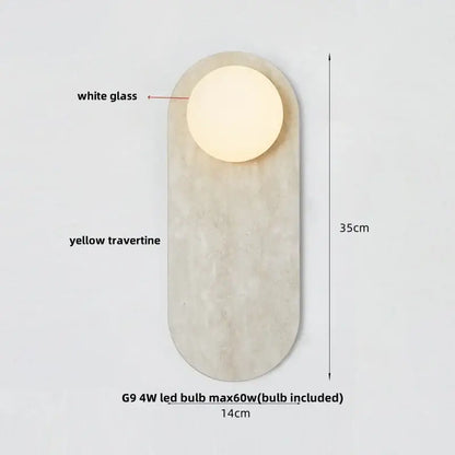 Modern wall lamp with white glass globe led set in yellow travertine stone base for bathroom decorbites glass globe
