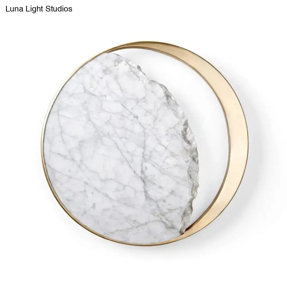Modern marble gold led wall light bedroom moon mirror sconce with circular gold-toned metallic frame and marble surface