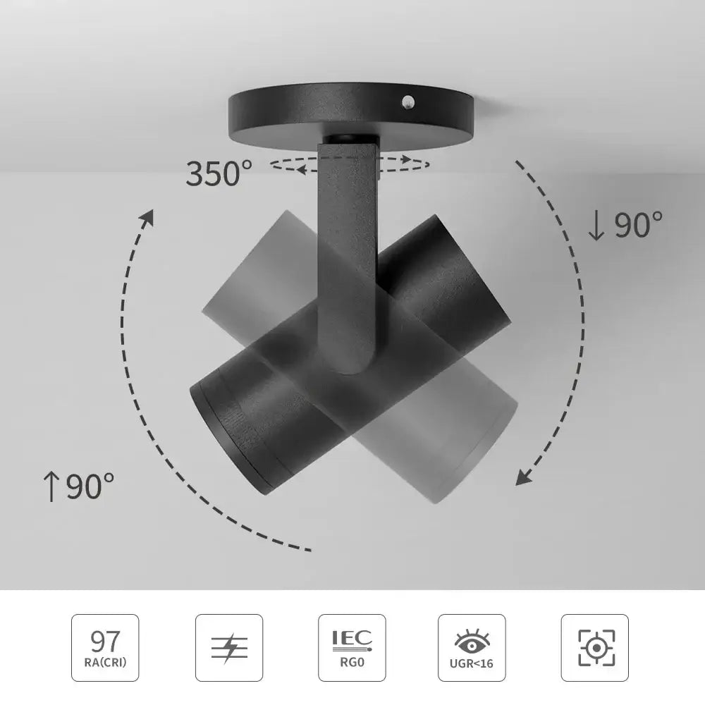 Black matte ceiling spotlight with 350 degree rotation 90 degree tilt decorbites 12w dimmable led for living room decor