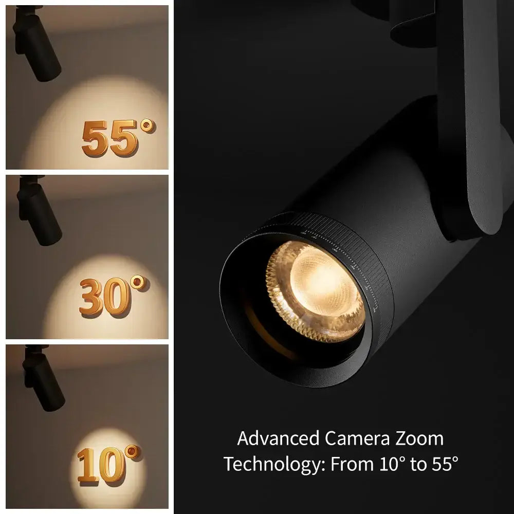 Modern matte black 12w dimmable led ceiling spotlight with adjustable zoom lens for 10 to 55 degree beam angles