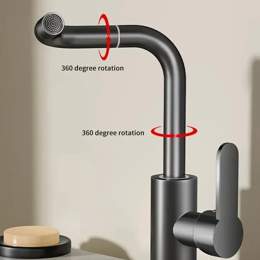 Modern matte black stainless steel kitchen swivel faucet with a sleek curved spout and 360-degree rotating head