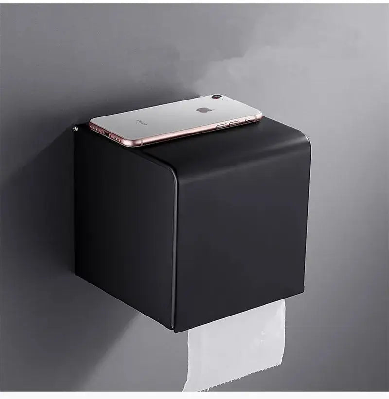 Modern matte black aluminum paper holder with sleek design and matte finish for black aluminum bathroom decorbites use