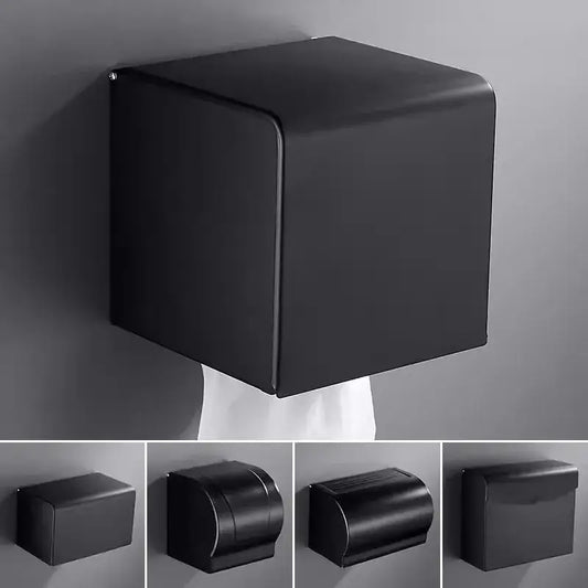 Black aluminum bathroom paper holder with matte finish and sleek cube design by decorbites for modern decor