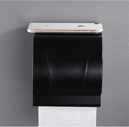 Modern matte black aluminum paper holder wall-mounted with sleek curved design for black aluminum bathroom decorbites use