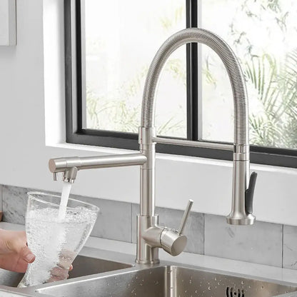 Modern matte black and brushed nickel kitchen faucet with flexible ribbed gooseneck spout and pull-down spray head decorbites black spring kitchen