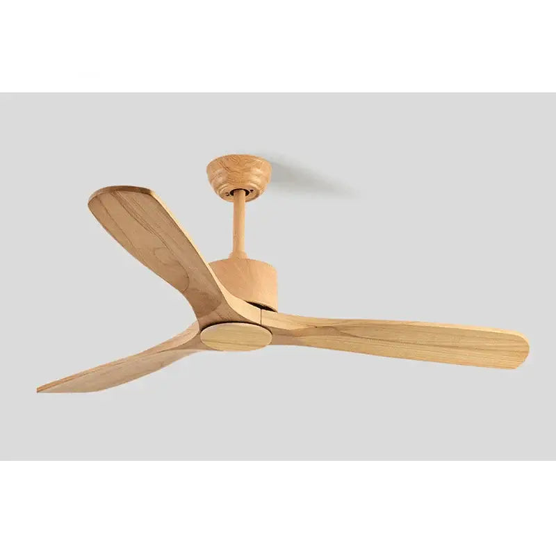 Modern matte black and dark brown wooden ceiling fan with three light-colored curved wooden blades for living room