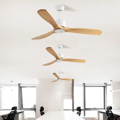 Modern matte black ceiling fan with three light wood blades and white housing for living room wooden ceiling decor