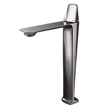 Modern chrome-finished tall sink faucet with sleek minimalist design and rectangular spout for black brass bathroom decorbites