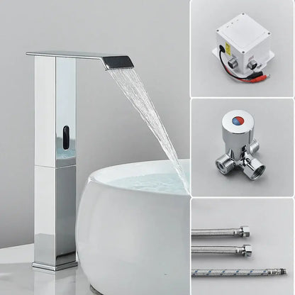Modern chrome basin faucet with sleek tall design and automatic sensor waterfall for bathroom sink use