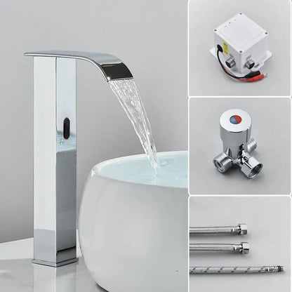 Chrome-finished basin faucet with sleek modern design featuring an automatic sensor waterfall for bathroom sinks