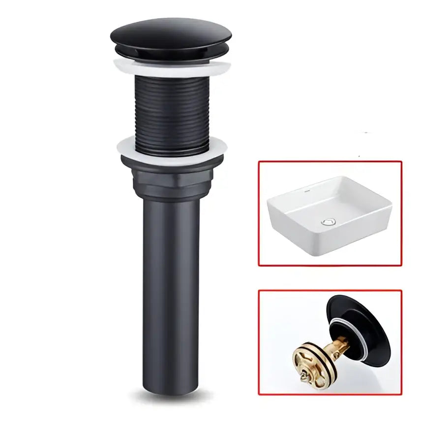 Black baking stainless basin faucet with modern matte black finish and ribbed cylindrical drain for bathroom use