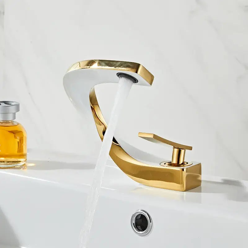 Modern matte black basin faucet with gold and white waterfall design for decorbites black basin bathroom use