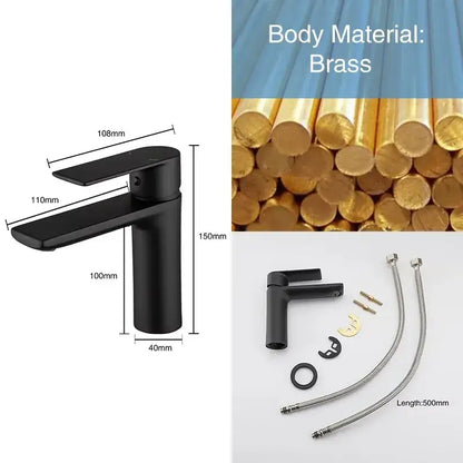 Modern matte black basin faucet with brass body ceramic valve core featuring short tap styles for bathroom use
